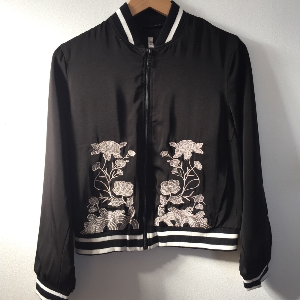 Scratch Black and White Floral Embroidered Bomber